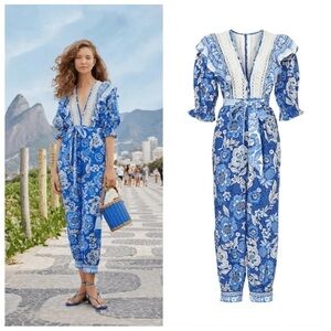 FARM RIO Womens Full Of Flowers V-Neck Ruffle Jumpsuit Blue White